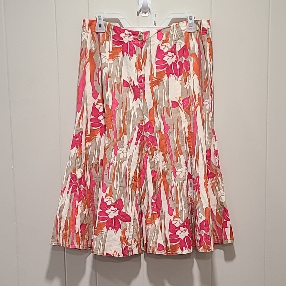 A-Line Floral Print Linen Skirt in Pink & Orange
